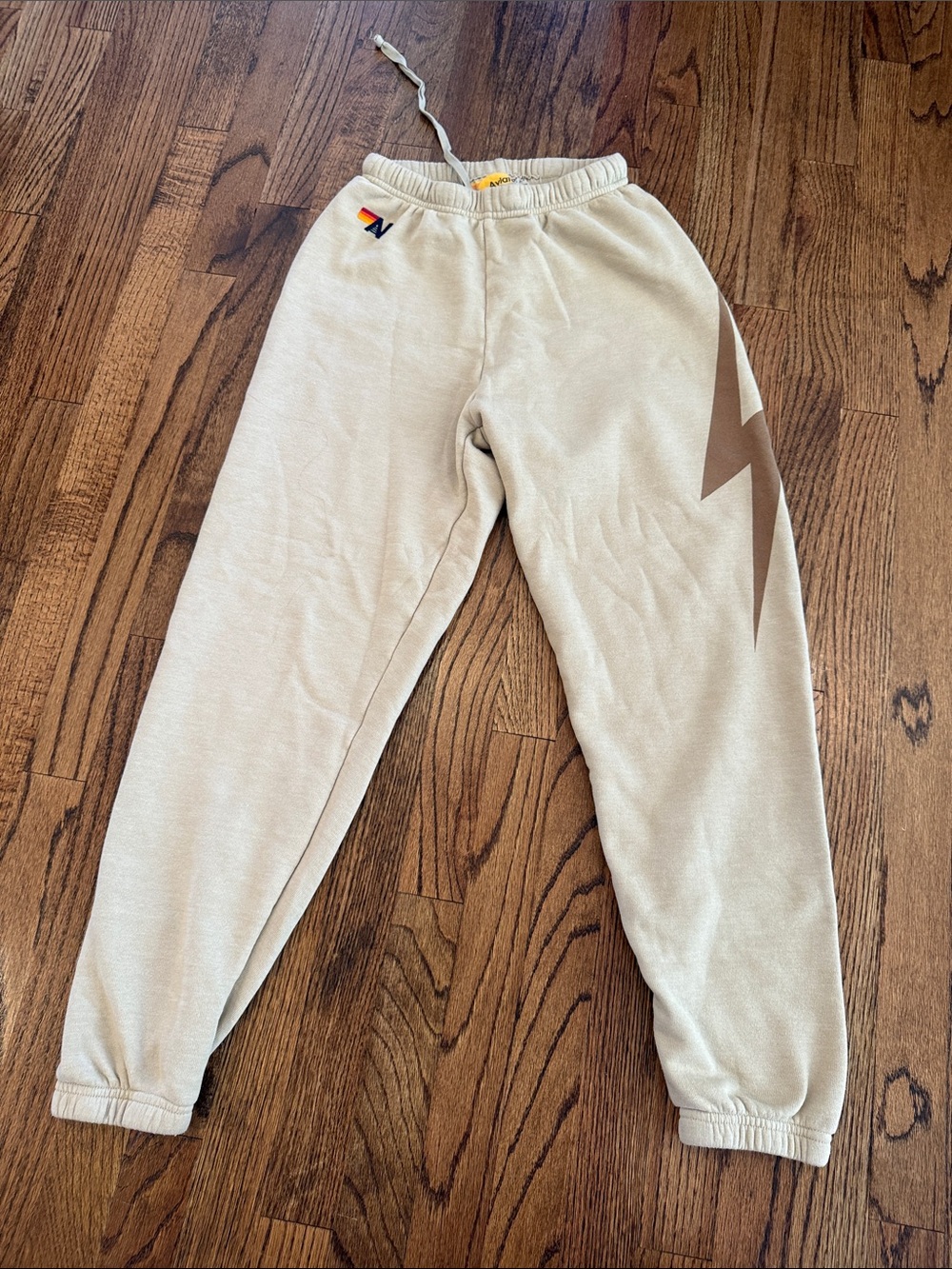 Aviator Nation Cream Sweatpants with Brown Lightning Accent
